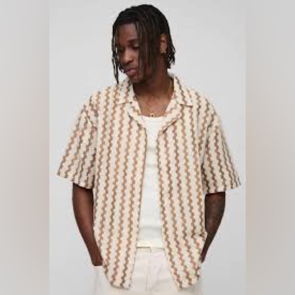 Lark & owl Men's Casual Cream and Brown Striped Shirt
